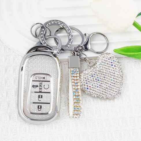Key Fob Cover with Diamond Bling Keychain for Women, Car Key Holder Compatible with Honda 2022 2023 2024 2025, TPU Key Case and Elegant Heart Key Chain (Silver, 1PCS) in Kuwait