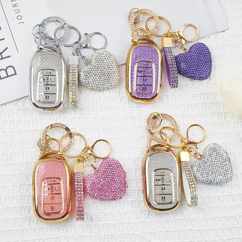 Key Fob Cover with Diamond Bling Keychain for Women, Car Key Holder Compatible with Honda 2022 2023 2024 2025, TPU Key Case and Elegant Heart Key Chain (Silver, 1PCS) in Kuwait