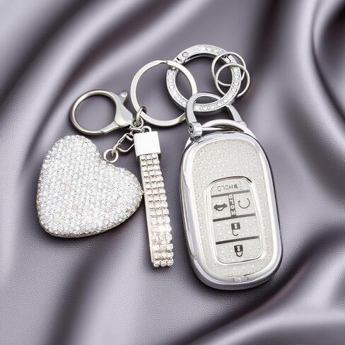 Key Fob Cover with Diamond Bling Keychain for Women, Car Key Holder Compatible with Honda 2022 2023 2024 2025, TPU Key Case and Elegant Heart Key Chain (Silver, 1PCS) in Kuwait
