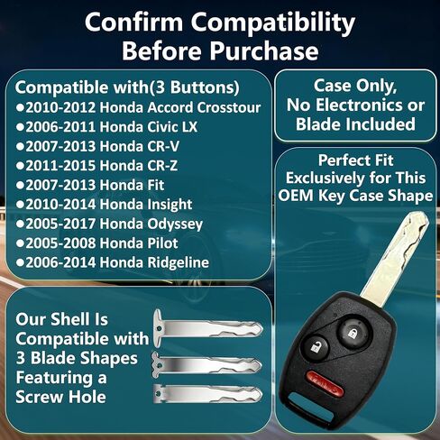 Key Fob Shell Replacement for Honda Accord Crosstour 2010-2012, Civic LX 2010-2012, CRV 2010-2012, Fit 2007-2013 | No Blade Cutting Required, Heavy Duty Crack-Resistant, Easy Assembly,(A, 3-Btn) in Saudi Arabia