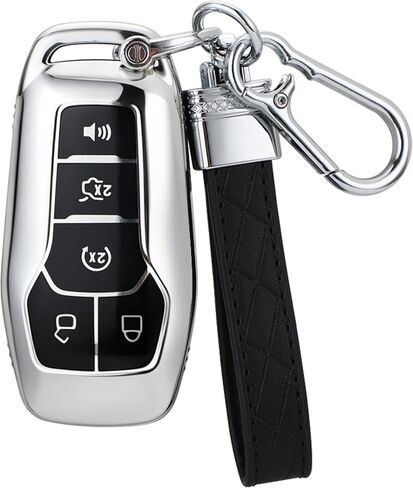 Suitable for Ford Key Fob Cover with Keychain, Soft TPU Full Protection Key Fob Case for Ford Fusion Mustang F150 Edge Explorer Lincoln MKZ MKC MKX Remote Key (Type A Silver Key Case + key chain) in Saudi Arabia