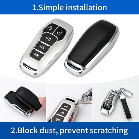 مناسبة لغطاء Ford Key Fob مع سلسلة مفاتيح، حافظة مفاتيح ناعمة من مادة TPU للحماية الكاملة لسيارة Ford Fusion Mustang F150 Edge Explorer Lincoln MKZ MKC MKX مفتاح بعيد (اكتب حافظة مفاتيح فضية + سلسلة مفاتيح) in Kuwait