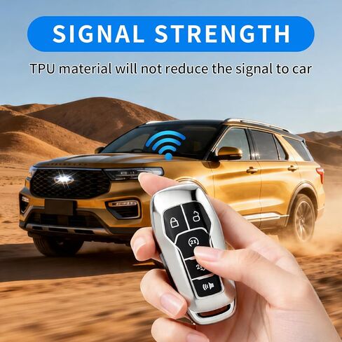 مناسبة لغطاء Ford Key Fob مع سلسلة مفاتيح، حافظة مفاتيح ناعمة من مادة TPU للحماية الكاملة لسيارة Ford Fusion Mustang F150 Edge Explorer Lincoln MKZ MKC MKX مفتاح بعيد (اكتب حافظة مفاتيح فضية + سلسلة مفاتيح) in Kuwait