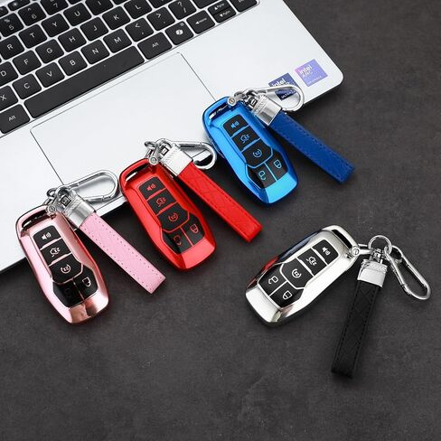 مناسبة لغطاء Ford Key Fob مع سلسلة مفاتيح، حافظة مفاتيح ناعمة من مادة TPU للحماية الكاملة لسيارة Ford Fusion Mustang F150 Edge Explorer Lincoln MKZ MKC MKX مفتاح بعيد (اكتب حافظة مفاتيح فضية + سلسلة مفاتيح) in Kuwait