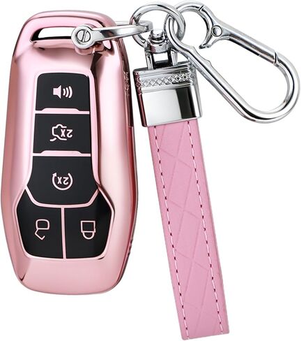 مناسبة لغطاء Ford Key Fob مع سلسلة مفاتيح، حافظة مفاتيح ناعمة من مادة TPU للحماية الكاملة لسيارة Ford Fusion Mustang F150 Edge Explorer Lincoln MKZ MKC MKX مفتاح بعيد (اكتب حافظة مفاتيح فضية + سلسلة مفاتيح) in Kuwait