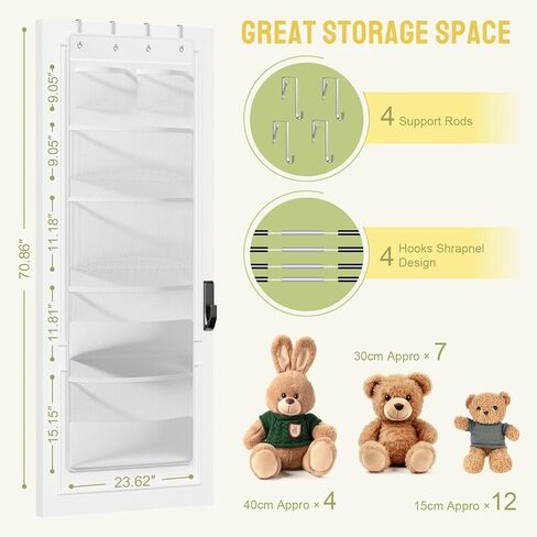 Yecaye Stuffed Animal Storage, 1 Pack Over Door Organizer for Stuffies with 6 Expandable Mesh Net Pockets, Baby Ideas Holder for Kids Room, Hanging Plushy Organizers for Bedroom, White in Saudi Arabia