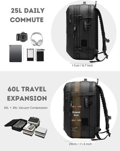 60L Vacuum Seal Travel Backpack Expandable Air Compression System, Water Resistant Airline Approved Carry-On Suitcase Luggage, Black - Vacuum Pump Included in Saudi Arabia