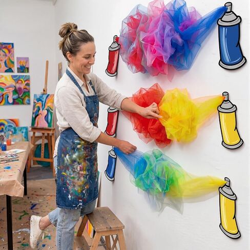 Marspark 15 Pcs Art Party Decorations Kit Painting Splatter Birthday Party Decorations 3D Large Cardboard Spray Paint Can with Colorful Tulle Mesh for Back to School Art Classroom Graduation Decor in Kuwait