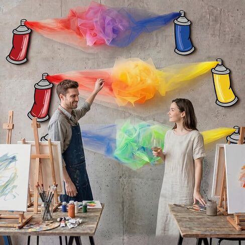 Marspark 15 Pcs Art Party Decorations Kit Painting Splatter Birthday Party Decorations 3D Large Cardboard Spray Paint Can with Colorful Tulle Mesh for Back to School Art Classroom Graduation Decor in Kuwait