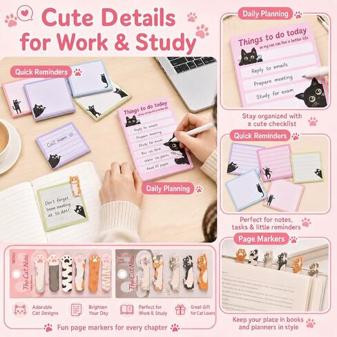76 Pcs Cat Lover Gifts for Women - Cute Office Sticky Notes Supplies, Cat-themed Pens Stationery Set, Post Notepads Desk Accessories, Small Girls Funny Stuff, Mini Cat Clips Decor, Unique School Items in Saudi Arabia