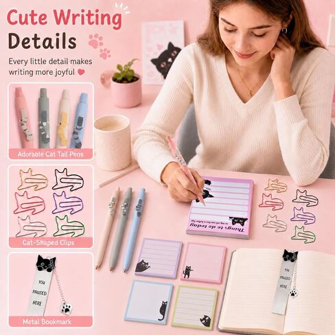 76 Pcs Cat Lover Gifts for Women - Cute Office Sticky Notes Supplies, Cat-themed Pens Stationery Set, Post Notepads Desk Accessories, Small Girls Funny Stuff, Mini Cat Clips Decor, Unique School Items in Saudi Arabia