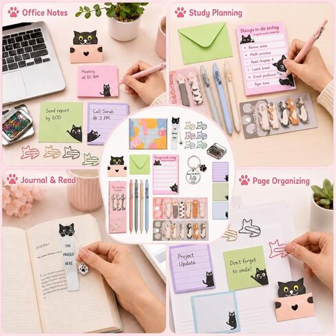 76 Pcs Cat Lover Gifts for Women - Cute Office Sticky Notes Supplies, Cat-themed Pens Stationery Set, Post Notepads Desk Accessories, Small Girls Funny Stuff, Mini Cat Clips Decor, Unique School Items in Saudi Arabia
