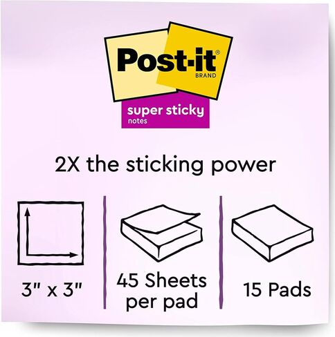 ورق ملاحظات فائق اللصق من Post-it، 3x3 بوصة، 15 وسادة، 2X قوة الالتصاق، مجموعة Summer Joy، ألوان متنوعة (654-15SSJOY) in Kuwait