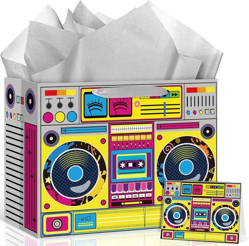 80's 90's Birthday Gift Bag Retro Hip Hop Boombox Birthday Party Decorations Rock and Roll Hippie Gift Wrapping Paper Bag with Greeting Card for 1980s 1990s Hip Hop Retro Radio Party Favor Supplies (Black) in Kuwait