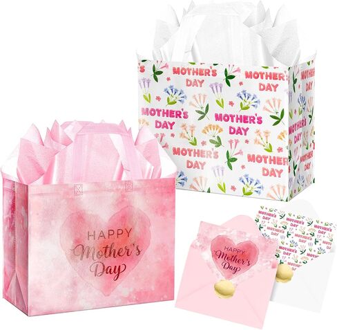 XiaosRen 2Pcs Large Happy Mother's Day Bags with Card and Tissue Paper, Reusable Non-Woven Gift Bags with Handles for Mother's Day Party Supplies. in Saudi Arabia