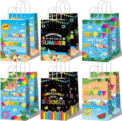 12PCS Schools Out for Summer Gift Bags Last Day of School Paper Bags Favor with Handles End of Schools Year Gift Goodie Bags for Goodbye School Hello Pool Summer Vacation Birthday Treat Pouch Supplies in Saudi Arabia