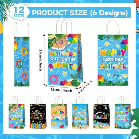 12PCS Schools Out for Summer Gift Bags Last Day of School Paper Bags Favor with Handles End of Schools Year Gift Goodie Bags for Goodbye School Hello Pool Summer Vacation Birthday Treat Pouch Supplies in Saudi Arabia