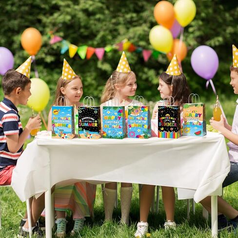 12PCS Schools Out for Summer Gift Bags Last Day of School Paper Bags Favor with Handles End of Schools Year Gift Goodie Bags for Goodbye School Hello Pool Summer Vacation Birthday Treat Pouch Supplies in Saudi Arabia