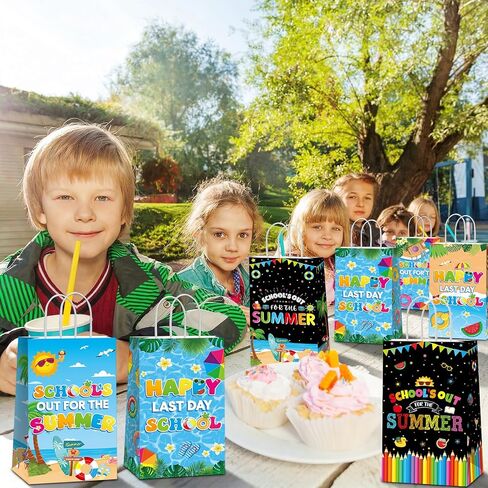 12PCS Schools Out for Summer Gift Bags Last Day of School Paper Bags Favor with Handles End of Schools Year Gift Goodie Bags for Goodbye School Hello Pool Summer Vacation Birthday Treat Pouch Supplies in Saudi Arabia