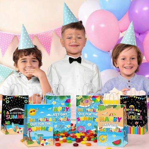 12PCS Schools Out for Summer Gift Bags Last Day of School Paper Bags Favor with Handles End of Schools Year Gift Goodie Bags for Goodbye School Hello Pool Summer Vacation Birthday Treat Pouch Supplies in Saudi Arabia