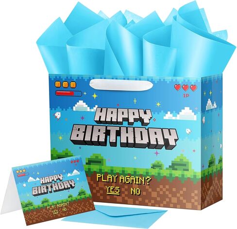 Ranfashiong 13" Large Pixel Theme Boys Birthday Gift Bag with Tissue Paper and Card for Kids Party Supplies Blue in Saudi Arabia