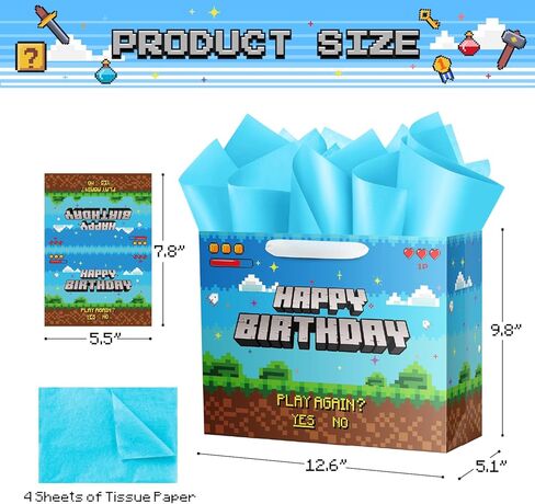 Ranfashiong 13" Large Pixel Theme Boys Birthday Gift Bag with Tissue Paper and Card for Kids Party Supplies Blue in Saudi Arabia