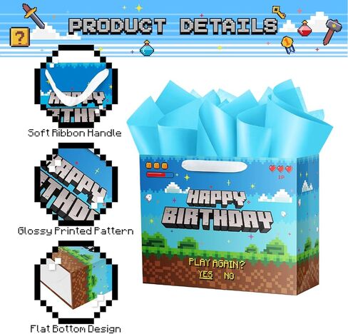 Ranfashiong 13" Large Pixel Theme Boys Birthday Gift Bag with Tissue Paper and Card for Kids Party Supplies Blue in Saudi Arabia