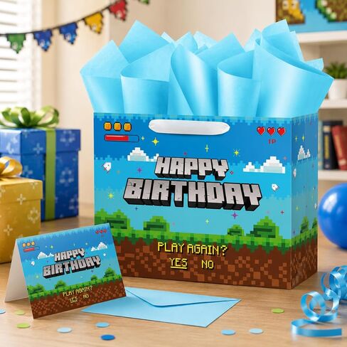 Ranfashiong 13" Large Pixel Theme Boys Birthday Gift Bag with Tissue Paper and Card for Kids Party Supplies Blue in Saudi Arabia