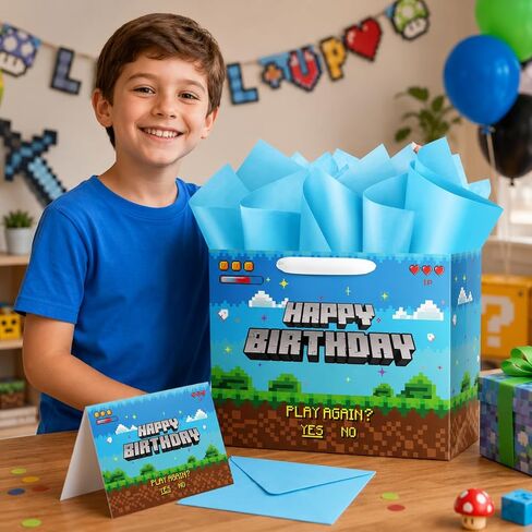 Ranfashiong 13" Large Pixel Theme Boys Birthday Gift Bag with Tissue Paper and Card for Kids Party Supplies Blue in Saudi Arabia
