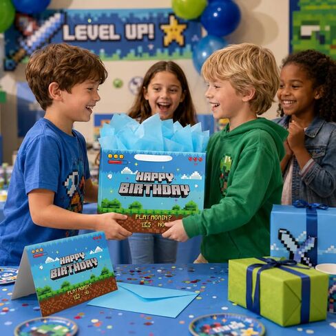 Ranfashiong 13" Large Pixel Theme Boys Birthday Gift Bag with Tissue Paper and Card for Kids Party Supplies Blue in Saudi Arabia
