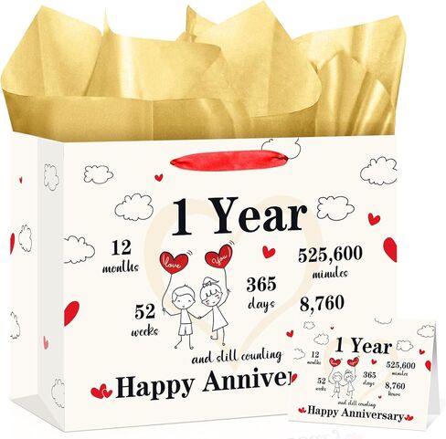 حقيبة هدايا ورقية للذكرى السنوية الأولى من TagreSpike للزوج والزوجة لمدة عام واحد حقيبة تغليف هدايا رومانسية مع ورق مناديل ذهبية وبطاقة - تغليف هدية لطيف لمدة 365 يومًا للأزواج الصديقات والصديقات in Kuwait