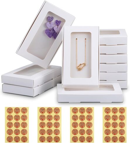 50 Pcs Jewelry Packaging Boxes 5.4"x3.4"x0.7" Paper Necklace Gift Box Bulk with Clear Window 50 Display Card 60 Sticker for Displaying Necklaces Rings Bracelets Earrings(White) in Saudi Arabia