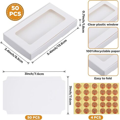 50 Pcs Jewelry Packaging Boxes 5.4"x3.4"x0.7" Paper Necklace Gift Box Bulk with Clear Window 50 Display Card 60 Sticker for Displaying Necklaces Rings Bracelets Earrings(White) in Saudi Arabia
