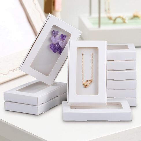 50 Pcs Jewelry Packaging Boxes 5.4"x3.4"x0.7" Paper Necklace Gift Box Bulk with Clear Window 50 Display Card 60 Sticker for Displaying Necklaces Rings Bracelets Earrings(White) in Saudi Arabia
