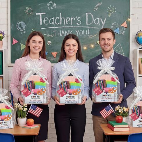 Eaasty 6 Pack Teacher Appreciation Gifts Bulk, Thank You Teacher Gift Boxes with Ribbon Cards, Foldable Pencil Design Paper Basket for End of Year Party Decorations (Pencil) in Kuwait