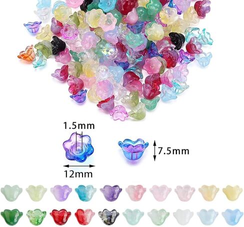 200pcs Bellflower Glass Beads, Mixed Colours Glass Flower Beads for Jewelry Making, Cute Bead with Colour Gradient Bellflowers Crystal Beads DIY Craft Accessories for Bracelets Necklaces Earrings in Saudi Arabia