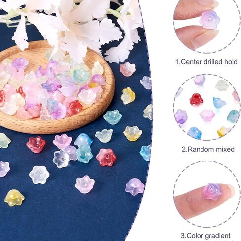 200pcs Bellflower Glass Beads, Mixed Colours Glass Flower Beads for Jewelry Making, Cute Bead with Colour Gradient Bellflowers Crystal Beads DIY Craft Accessories for Bracelets Necklaces Earrings in Saudi Arabia