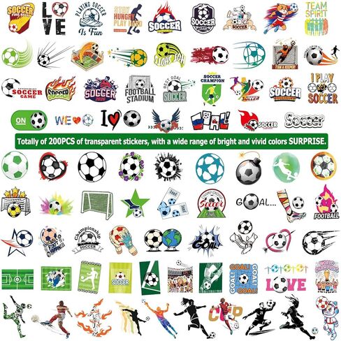 200PCS Soccer Stickers Pack – Transparent Waterproof Stickers for Kids, Water Bottles Scrapbooking Laptop - Soccer Party Favors for Kids Teens Team, Christmas Goodie Bag Stuffers for Boys Girls in Saudi Arabia