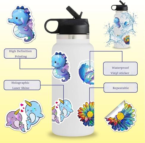100 Cute Assorted Animal Holographic Stickers – Fun Sparkly Glitter Kawaii Variety Pack, Waterproof Vinyl Decals for Girls, Kids & Teens, Great for Water Bottles, Luggage, Skateboards in Kuwait