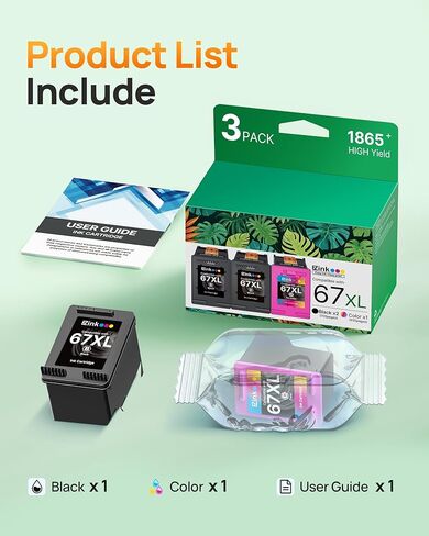 67XL Ink Cartridges Remanufactured for HP Ink 67 XL Black/Color Combo Pack Use with HP Deskjet 2855e 2800e 2755e 2827e 2700e 2700 2852e 4255e 2734e 4100 4000 Envy 6000 6055e (1 Tri-Color, 2 Black) in Kuwait