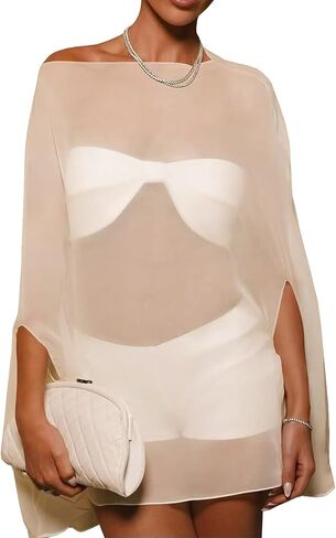 Yousify Cover Ups Off Shoulder Swimwear Summer See Through Beachwear Coverup Batwing Poncho Shawl Shrug Chiffon Top 2026 in Saudi Arabia