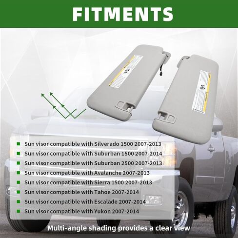 Pair Grey Sun Visor W/Light Passenger Driver Side Compatible with Suburban 1500 2500 Tahoe Sierra Yukon/XL Escalade 2007-2014 22850306 22850310 in Kuwait