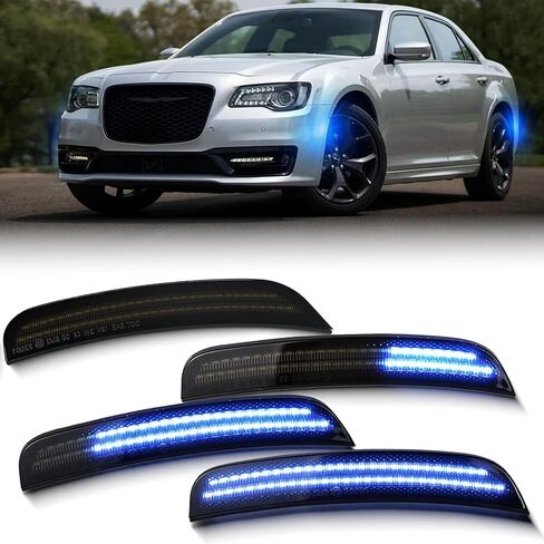 Full LED Front & Rear Fender LED Side Marker Lights Kit for 2015 2016 2017 2018 2019 2020 2021 2022 2023 2024 Chrysler 300, Smoked Lens Side Bumper Marker Lamps, Fender Lamps,4pcs (Blue) in Kuwait