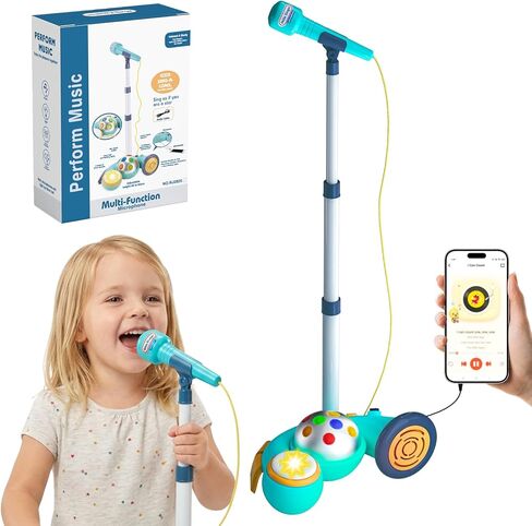 Kids Karaoke Microphone with Stand-Adjustable Height,Singing Toys Gifts for 3 4 5 6 7 8 Year Old Girls Boys,4 Drum Sound Effects & 12 Dance Songs,Flashing Stage Lights,Compatible with Smartphone/MP3 in Saudi Arabia