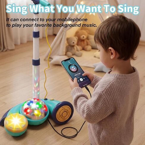 Kids Karaoke Microphone with Stand-Adjustable Height,Singing Toys Gifts for 3 4 5 6 7 8 Year Old Girls Boys,4 Drum Sound Effects & 12 Dance Songs,Flashing Stage Lights,Compatible with Smartphone/MP3 in Saudi Arabia