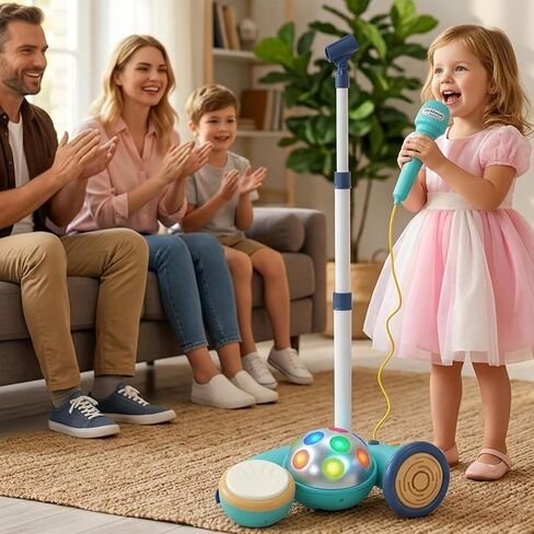 Kids Karaoke Microphone with Stand-Adjustable Height,Singing Toys Gifts for 3 4 5 6 7 8 Year Old Girls Boys,4 Drum Sound Effects & 12 Dance Songs,Flashing Stage Lights,Compatible with Smartphone/MP3 in Saudi Arabia