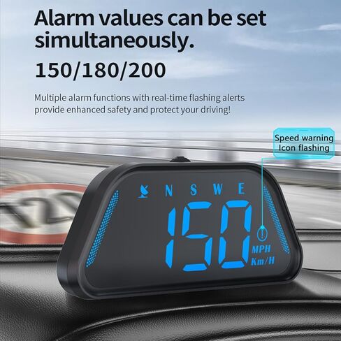 Shkalacar Universal Car Heads Up Display Speedometer with Ambient Light Curved Mirror Design Real Time Speed Time Distance Overspeed Alarm RGB 7 Color Lighting Type C Plug & Play in Kuwait