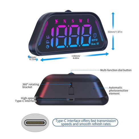 Shkalacar Universal Car Heads Up Display Speedometer with Ambient Light Curved Mirror Design Real Time Speed Time Distance Overspeed Alarm RGB 7 Color Lighting Type C Plug & Play in Kuwait
