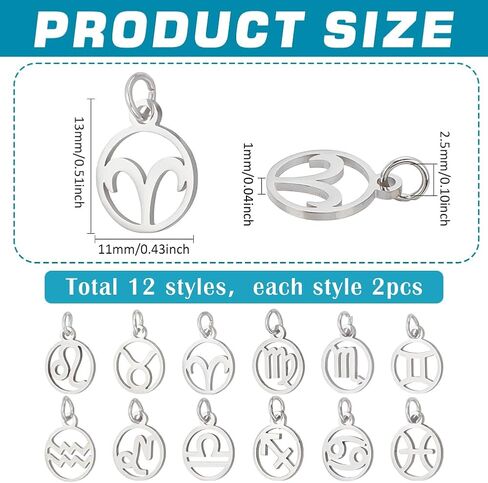 PH PandaHall 24pcs 304 Stainless Steel 12 Constellations Charms Zodiac Sign Pendants Charm Flat Round with Constellation Pendants Astrology Horoscope Charms for DIY Jewelry Craft Making in Saudi Arabia