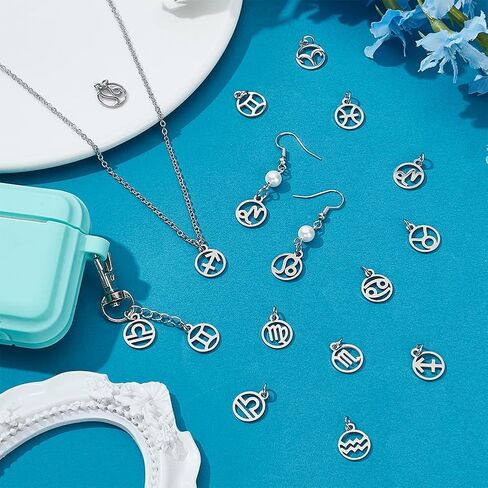 PH PandaHall 24pcs 304 Stainless Steel 12 Constellations Charms Zodiac Sign Pendants Charm Flat Round with Constellation Pendants Astrology Horoscope Charms for DIY Jewelry Craft Making in Saudi Arabia